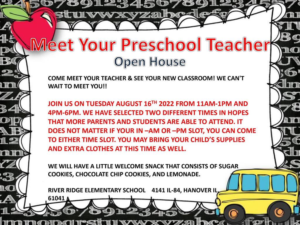 Meet Your Preschool Teacher Open House 8/16/2022 11-1 pm OR 4-6 pm